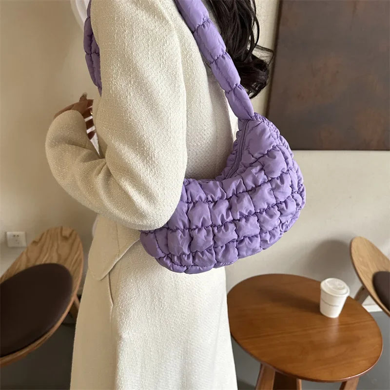 Quilted Puffer Hobo Bag for Women – Nylon Shoulder Purse