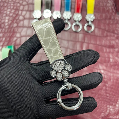 Genuine Crocodile Leather Cat Paw Rhinestone Keychain
