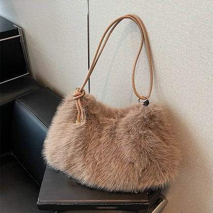 Faux Fur Plush Shoulder Bag – Women's Luxury Tote Handbag