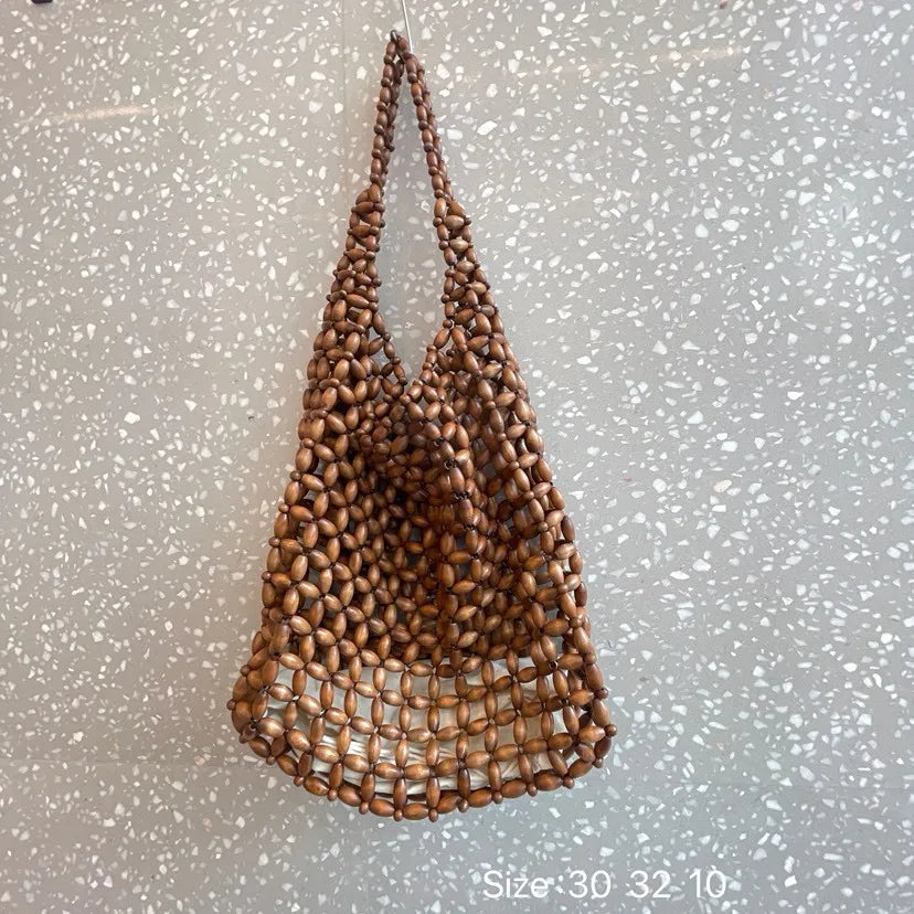 Handmade Wooden Bead Woven Handbag Vintage Double Bamboo Handle Hollow Bucket Bag