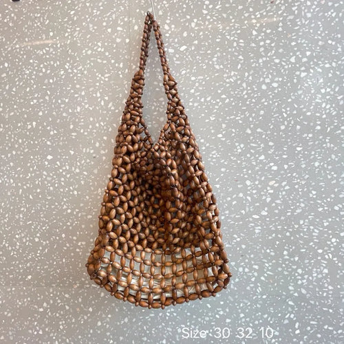 Handmade Wooden Bead Woven Handbag Vintage Double Bamboo Handle Hollow Bucket Bag