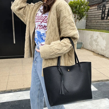 Trend Women Single Shoulder Bag Casual Large Capacity Pu Lychee Pattern Tassel Outdoor Simple Tote