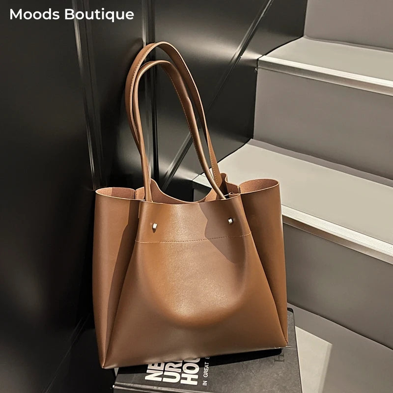 Moods Soft Pu Leather Pure Color Tote Bags Women Casual Street Large Capacity Shopper Shoulder