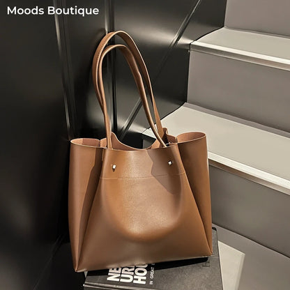 Moods Soft Pu Leather Pure Color Tote Bags Women Casual Street Large Capacity Shopper Shoulder