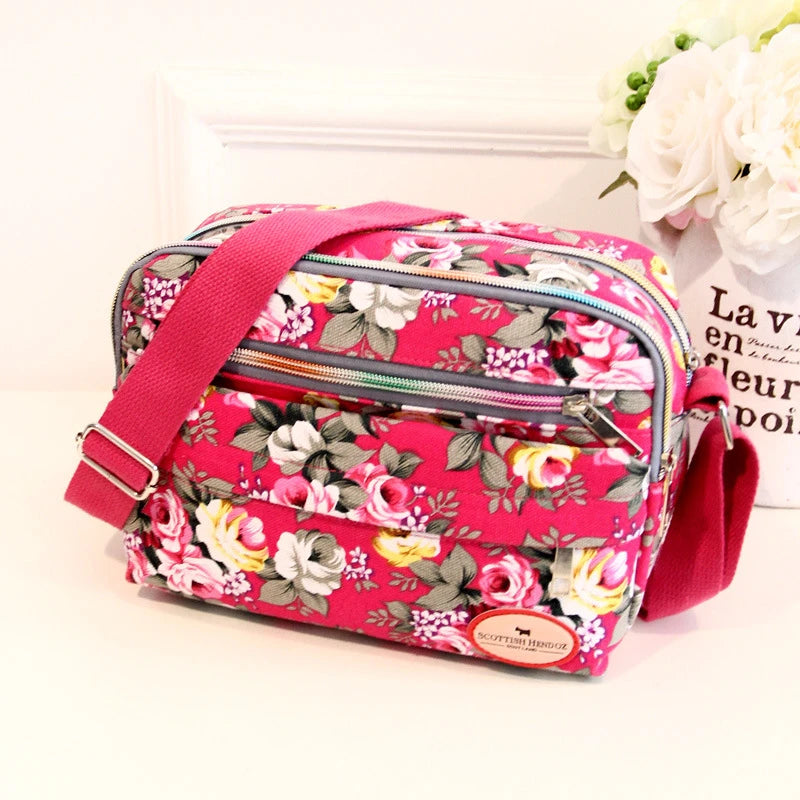 Floral Canvas Crossbody Bag for Women – Rose Print Shoulder Bag