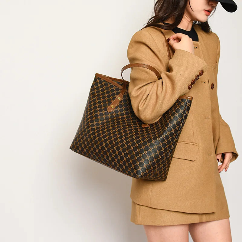 Large Capacity Tote Bag for Women – Monogram PU Leather Shoulder Bag