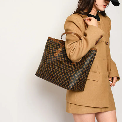 Large Capacity Tote Bag for Women – Monogram PU Leather Shoulder Bag