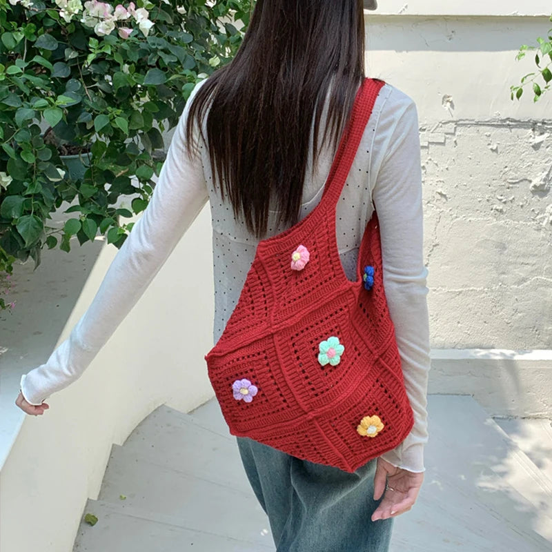 Knitted Flower Tote Bag – Large Capacity Women Shoulder Bag