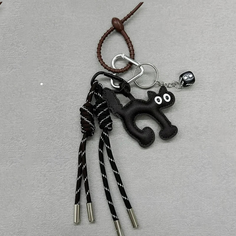 Cat Shape PU Leather Keychain Pendant with Rope Charm