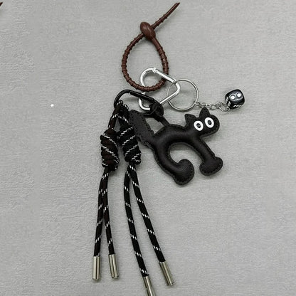 Cat Shape PU Leather Keychain Pendant with Rope Charm