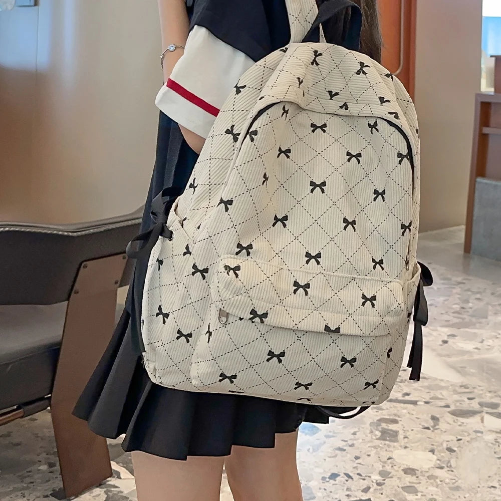 Corduroy Bow Backpack – Cute School Bag for Girls & College Students
