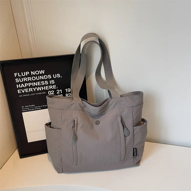 Large Canvas Tote Bag – Korean Style Multi-Pocket Shoulder Bag