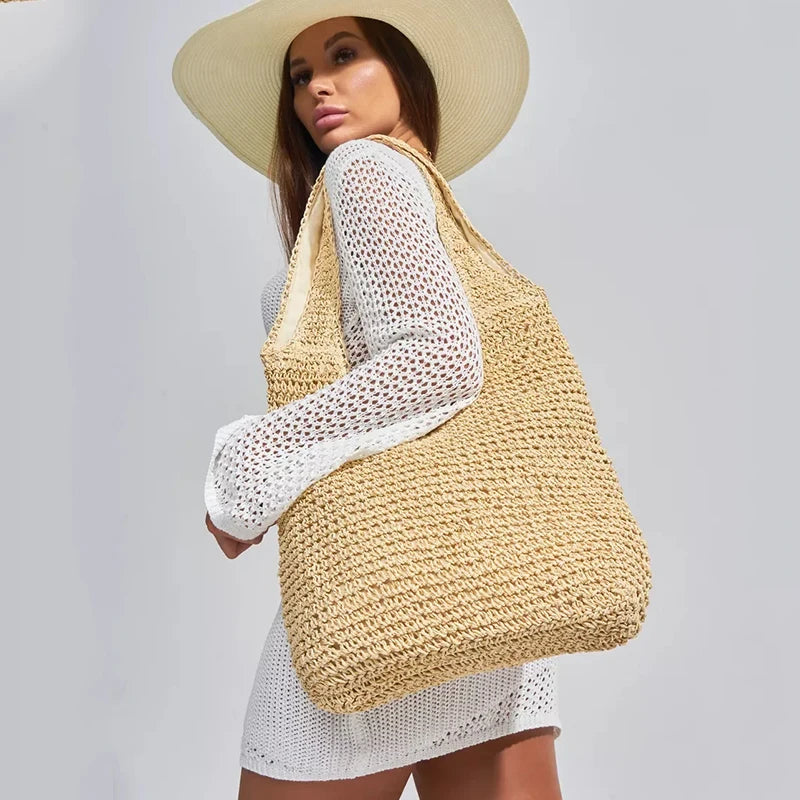 Handmade Straw Woven Round Beach Tote Bag