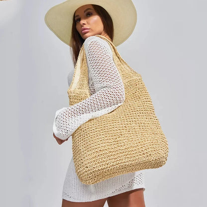 Handmade Straw Woven Round Beach Tote Bag