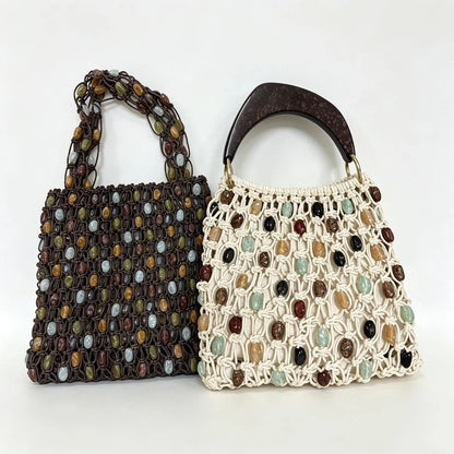 Bohemian Woven Handbag — Beaded Tote with Wooden Handle