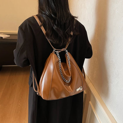 Moods Autumn Latest Backpacks Women Soft Pu Leather Pure Color Chain Shoulder Tote Bags Large