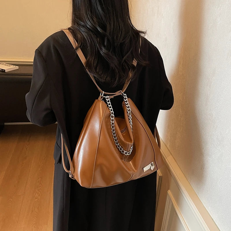 Moods Autumn Latest Backpacks Women Soft Pu Leather Pure Color Chain Shoulder Tote Bags Large