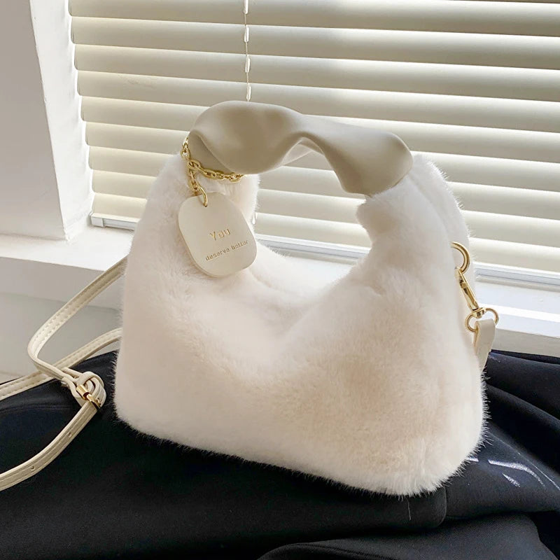 Faux Fur Plush Half-Moon Bag – Ruched Handle Shoulder & Crossbody
