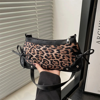 Leopard Print Bow Shoulder Bag – Retro Underarm Handbag for Women