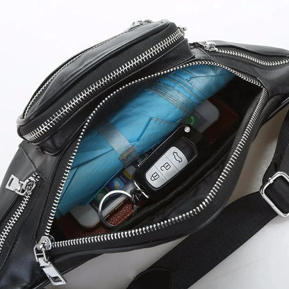 Punk Leather Fanny Pack for Women – Belt Waist Bag with Chain Detail