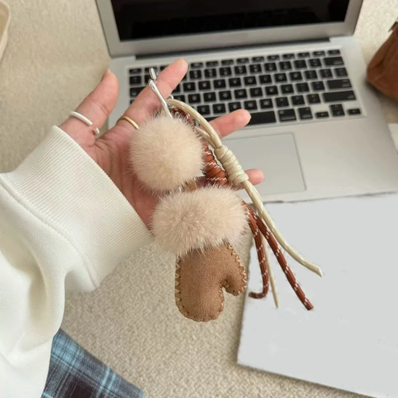 Fluffy Pom Pom Keychain with Leather Mitten Bag Charm for Women