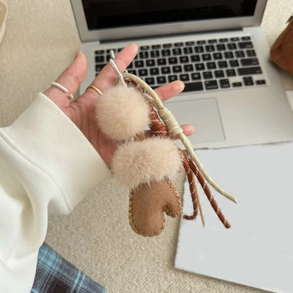 Fluffy Pom Pom Keychain with Leather Mitten Bag Charm for Women