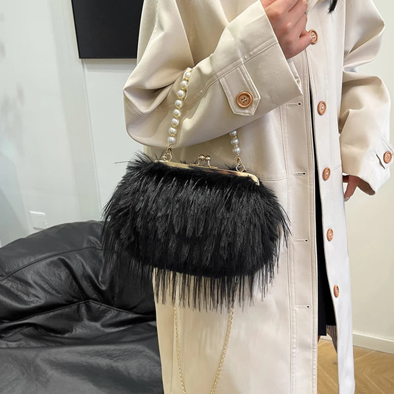 Plush Evening Bag – Fluffy Faux Fur Clutch with Pearl Handle