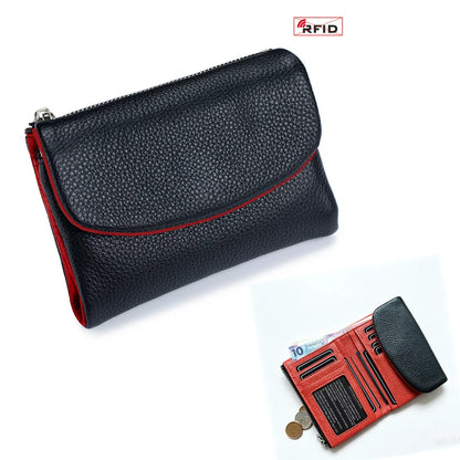 Women's Genuine Cowhide Leather Trifold Wallet with Zipper Coin Pocket