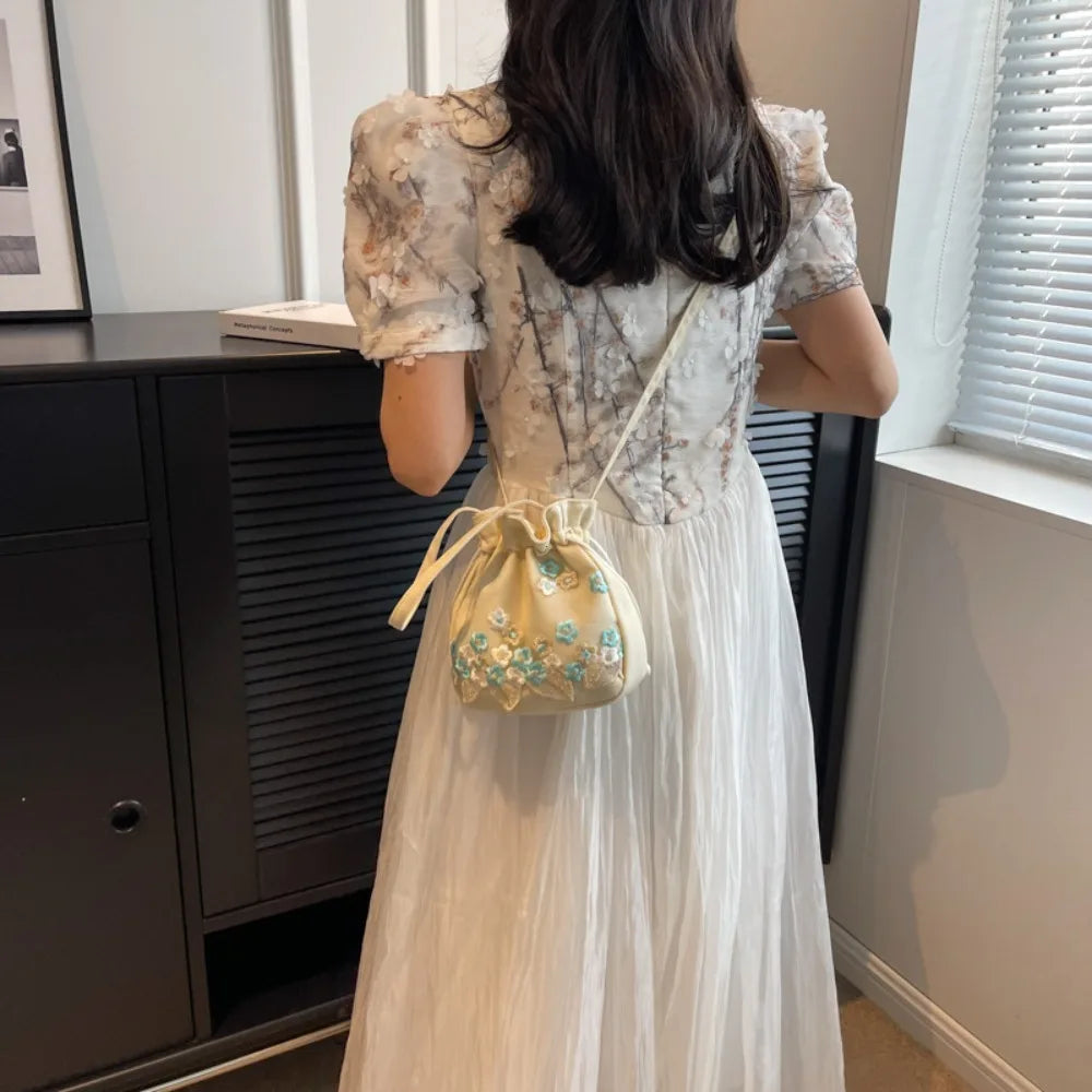 Floral Embroidery Drawstring Bucket Bag – Chinese Crossbody Handbag