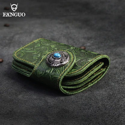 Handmade Genuine Leather Short Wallet – Floral Embossed Men's Bifold