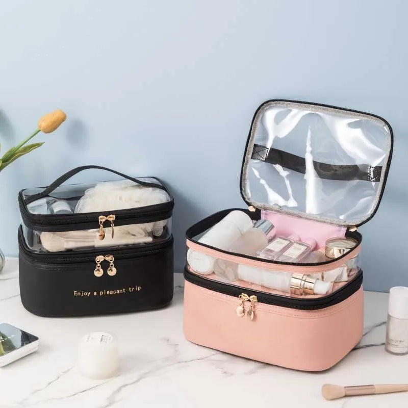 Large Capacity Travel Makeup Bag Double Layer Clear PU