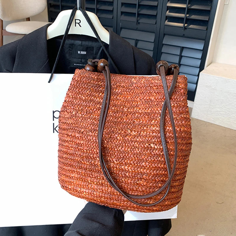 Straw Woven Shoulder Bag for Women – Handmade Boho Tote