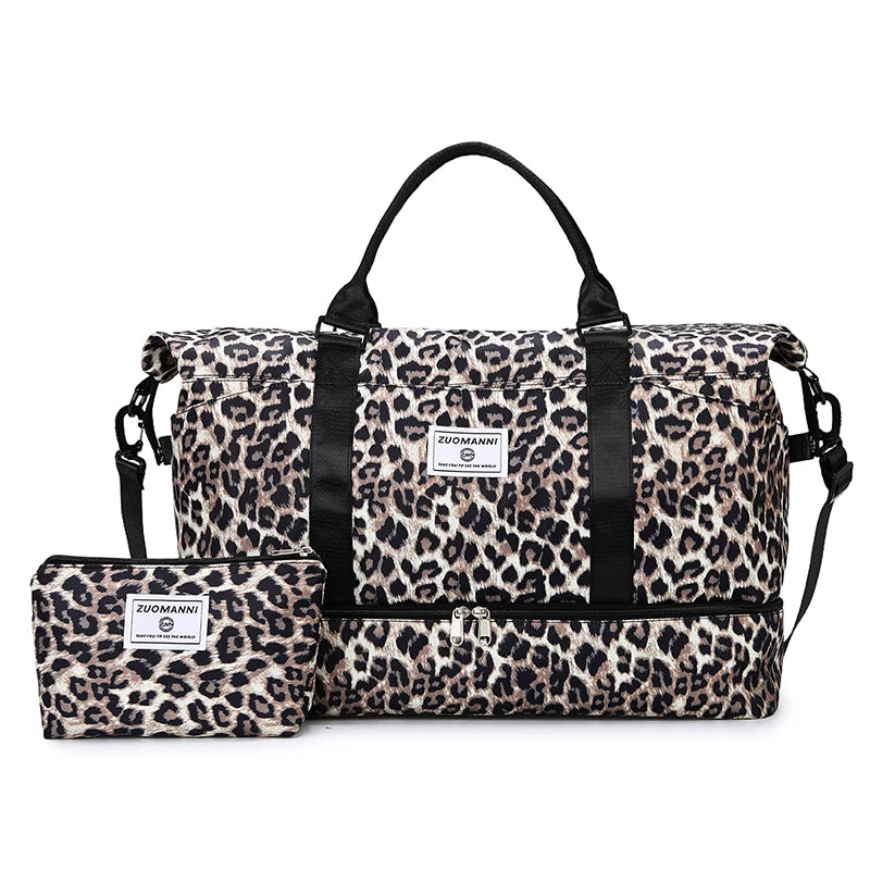 Leopard Print Travel Duffle Bag Set with Cosmetic Pouch