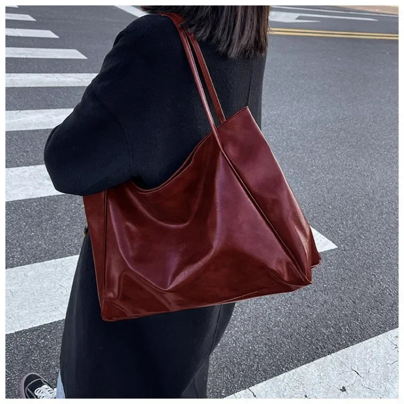 Large PU Leather Tote Bag for Women – Retro Soft Shoulder & Crossbody Bag