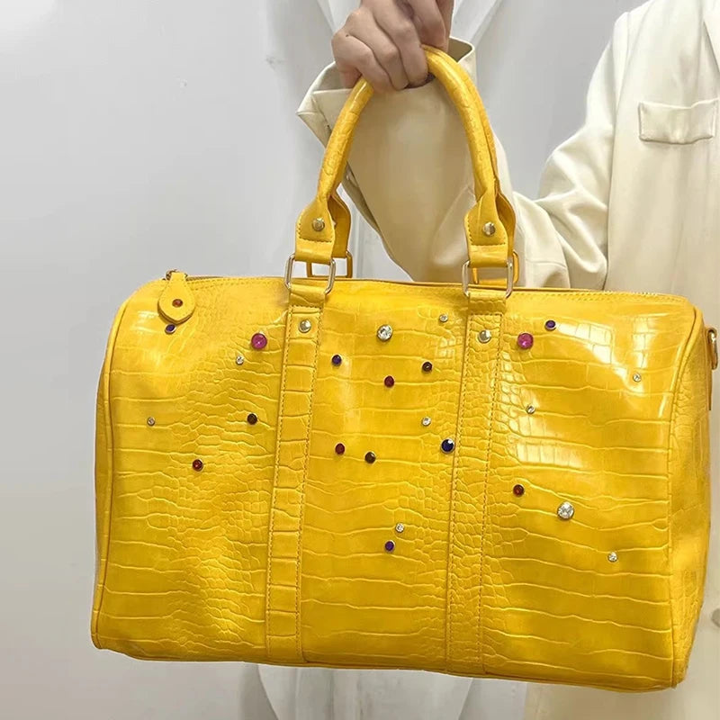Crocodile Pattern Travel Handbag with Diamond Embellishments