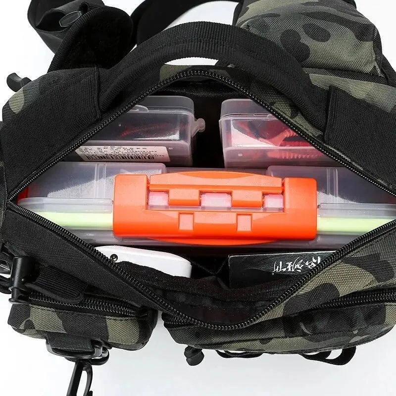 Fishing Tackle Sling Bag with Rod Holder – MOLLE Shoulder Pack