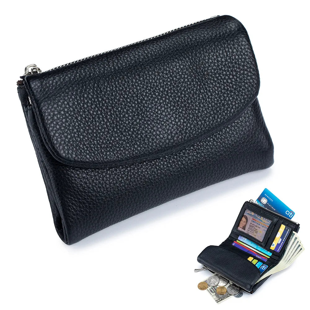 Women's Genuine Cowhide Leather Trifold Wallet with Zipper Coin Pocket