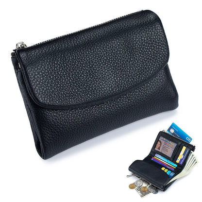 Women's Genuine Cowhide Leather Trifold Wallet with Zipper Coin Pocket