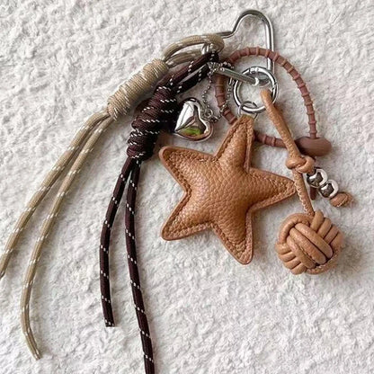 Star Leather Keychain Bag Charm with Woven Ball