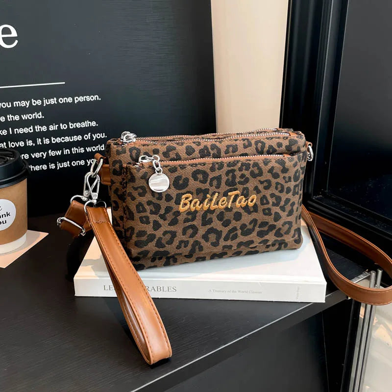 Leopard Print Crossbody Bag for Women with Wristlet & Chain Strap