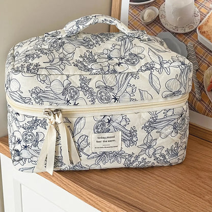 Quilted Floral Cotton Makeup Bag with Zipper