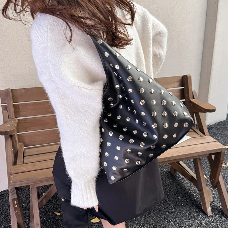 Moods Slouchy Studded Tote Bag Set Women Biker Style Rivets Decor 2-In-1 Large Capacity Underarm