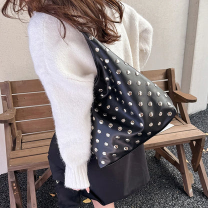 Moods Slouchy Studded Tote Bag Set Women Biker Style Rivets Decor 2-In-1 Large Capacity Underarm