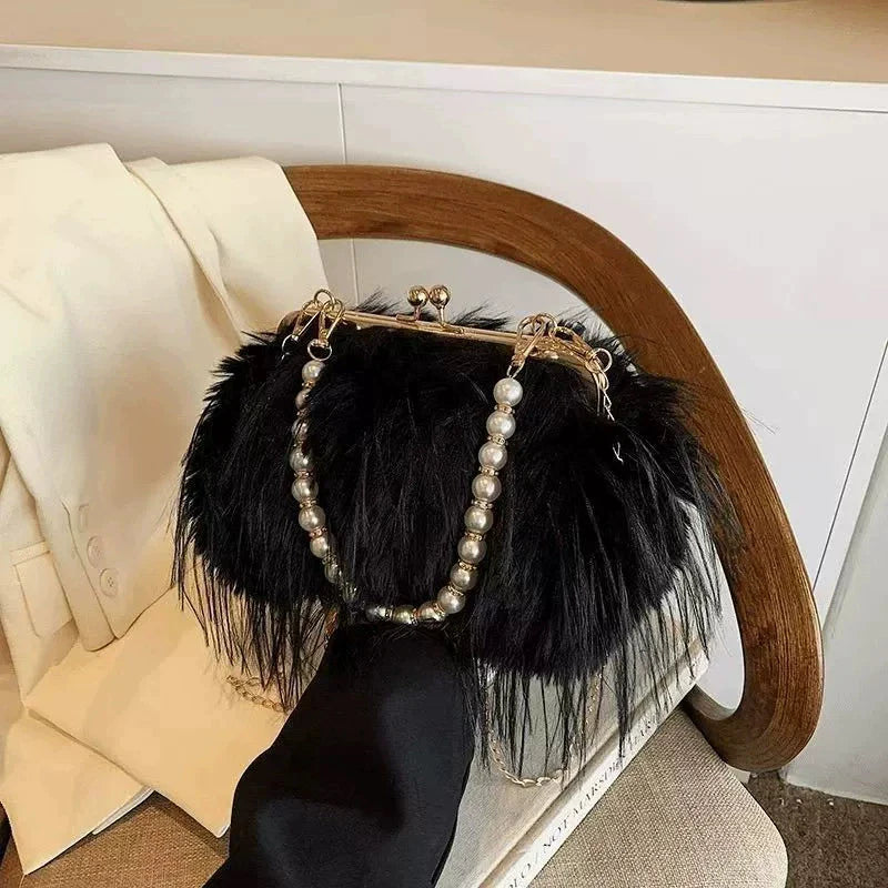 Plush Evening Bag – Fluffy Faux Fur Clutch with Pearl Handle