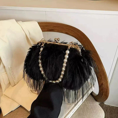 Plush Evening Bag – Fluffy Faux Fur Clutch with Pearl Handle