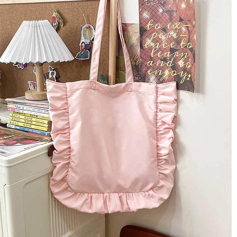 Ruffled Nylon Tote Bag for Women Large Capacity Shoulder Bag