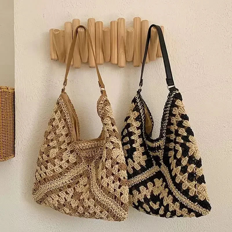 Color Block Straw Woven Shoulder Bag – Beach Tote