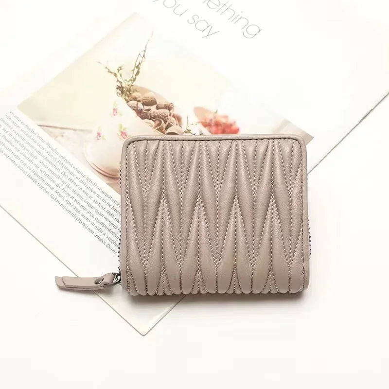 Genuine Lambskin Leather Short Wallet for Women – Quilted Zip Purse