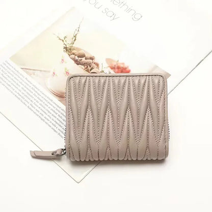 Genuine Lambskin Leather Short Wallet for Women – Quilted Zip Purse