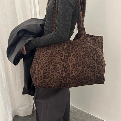 Leopard Print Suede Tote Bag Large Capacity for Women